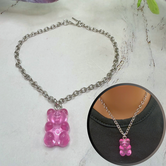 Pink Translucent Acrylic Bear Charm Doll Necklace Silver Chain • 18 Inch Fashion Doll Jewelry