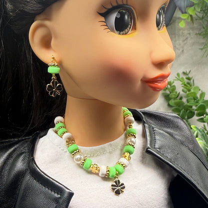 Green White Beaded Gold Four-Leaf Clover Charms Doll Necklace & Earrings • 18 Inch Fashion Doll Jewelry