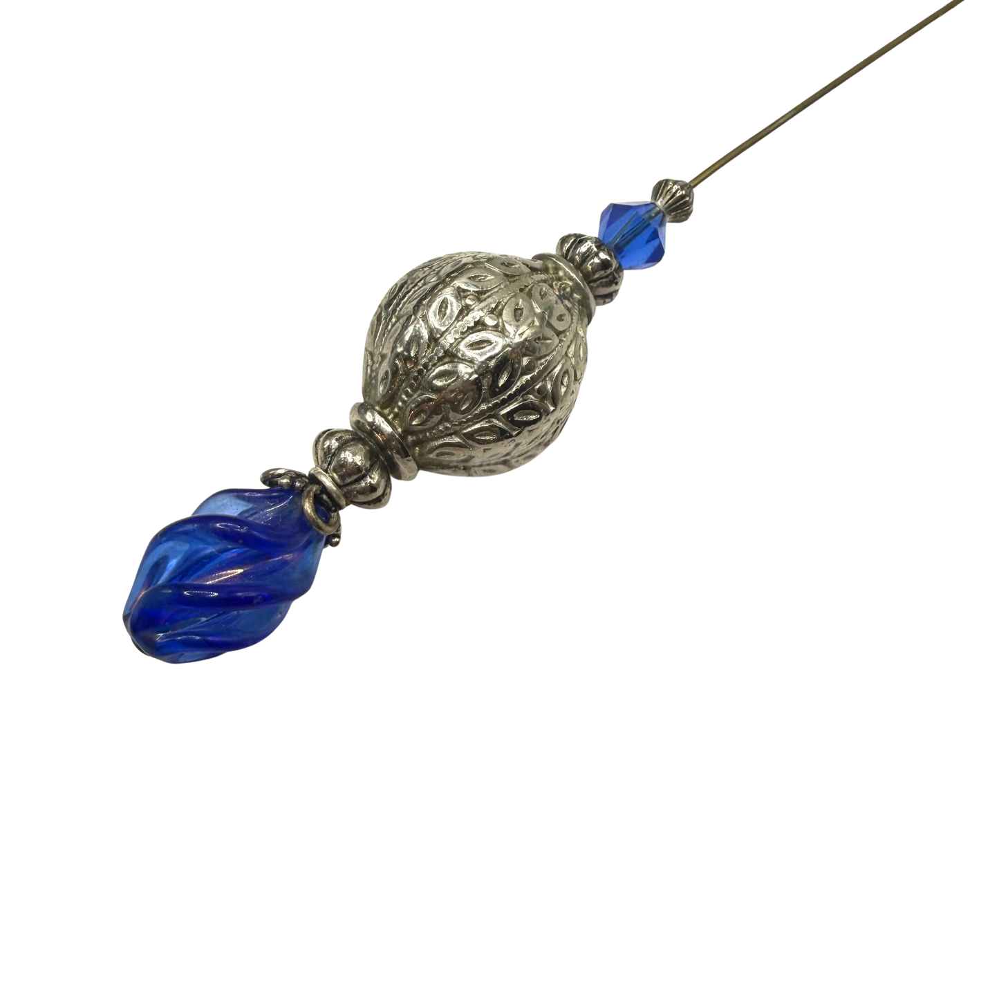Cobalt Blue Lucite Spiral Finial Ornate Silver Tone Globe Bead Hatpin • 8 Inch