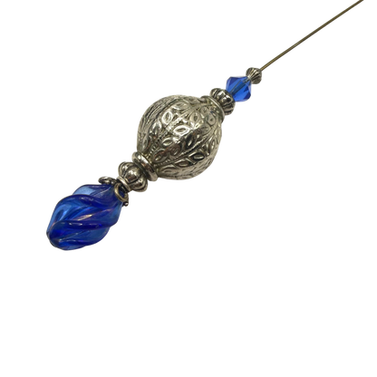 Cobalt Blue Lucite Spiral Finial Ornate Silver Tone Globe Bead Hatpin • 8 Inch