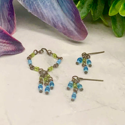 Blue Yellow Brass Tone Multi Dangle Necklace Earring Set • 10-12” 1:6 Doll Jewelry
