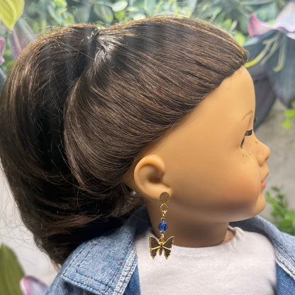 Gold Butterfly Blue Crystal Doll Earring DANGLE ONLY • 18 Inch Fashion Doll Jewelry