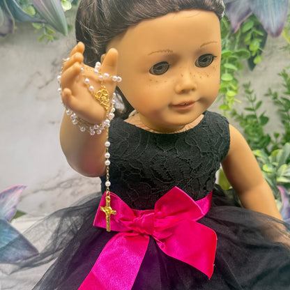 White Pearl Beaded Gold Chain & Crucifix • Doll Size Catholic Rosary for 18-22” Fashion or Vintage Dolls
