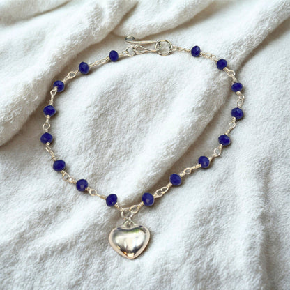 Blue Crystal Beaded Silver Heart Charm Doll Necklace • 18 Inch Fashion Doll Jewelry