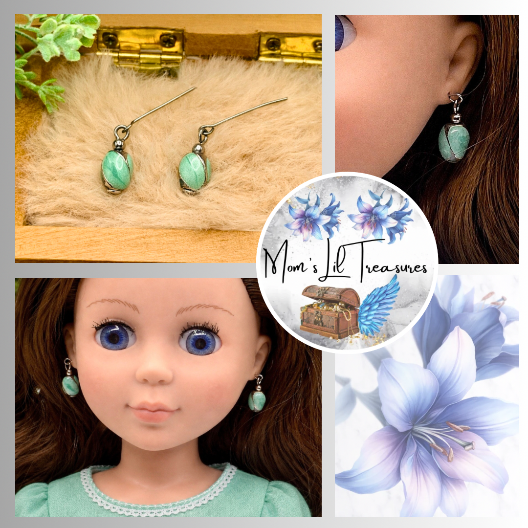 Green Enamel Swirl Silver Tone Dangle Doll Earrings · 14 Inch Doll Jewelry