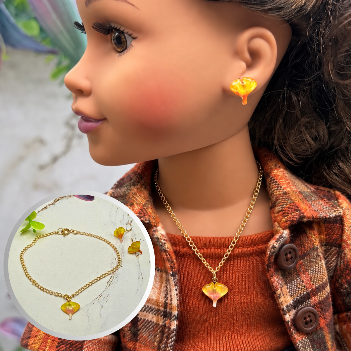 Autumn Leaf Charm Doll Necklace and Earrings Set | for 18 Inch Fashion Dolls