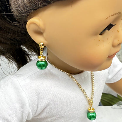 Green Christmas Ball Ornament Charm Doll Necklace & Dangle Doll Earrings • 2mm Post for 18 Inch Fashion Doll