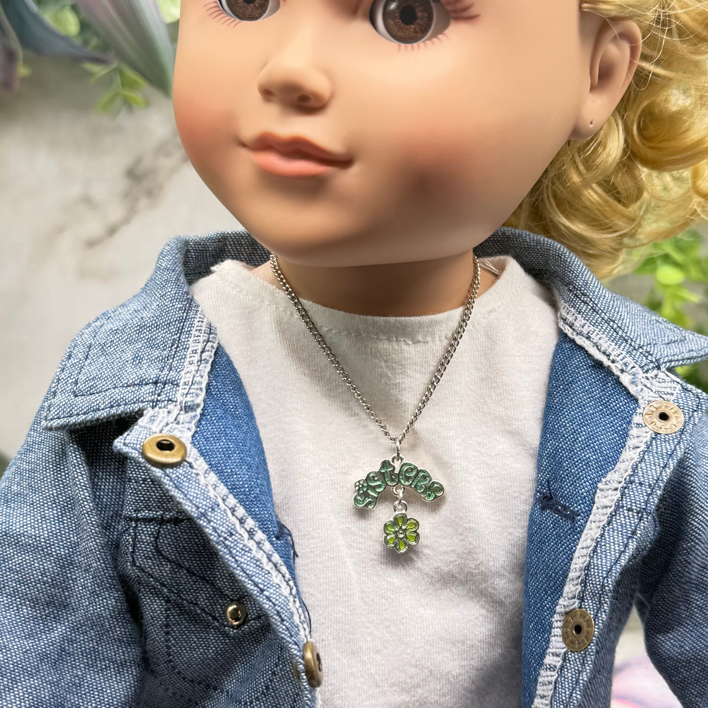Sisters Green Enamel Charm Silver Doll Necklace • 18 Inch Fashion Doll Jewelry