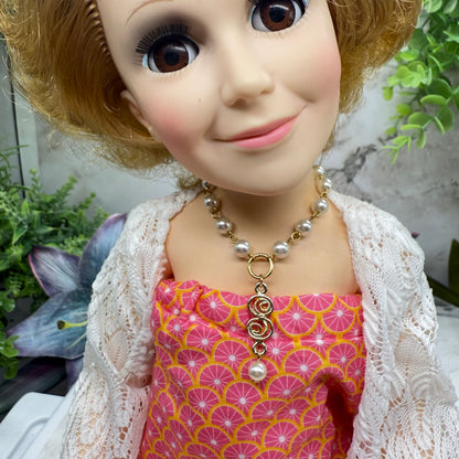 Pearl Gold Spiral Design Y-Style Doll Necklace • 18-22 Inch Fashion Vintage Doll Jewelry