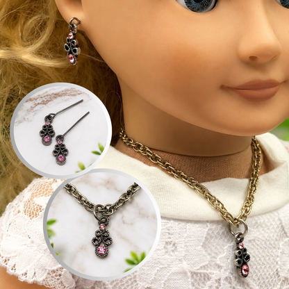 Pink Rhinestone Gun Metal Design Doll Necklace Earring Set • 18” Doll Jewelry