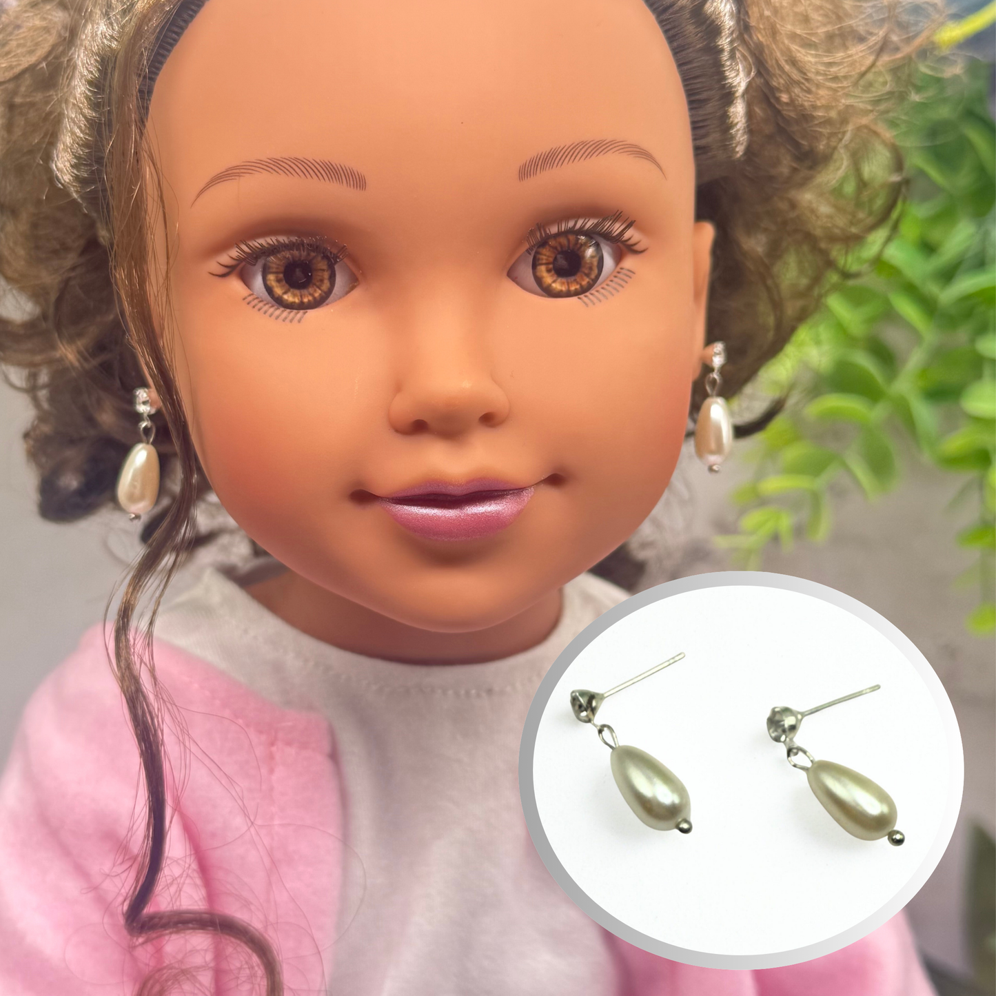 Pearl Teardrop Clear Rhinestone Silver Post Doll Earrings • 18 Inch Fashion Doll Jewelry