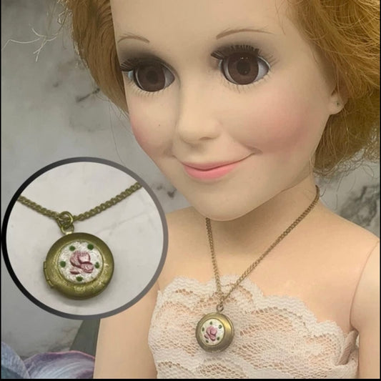 Round Locket Rose Pendant Gold Chain Doll Necklace for 18-22” Vintage Doll