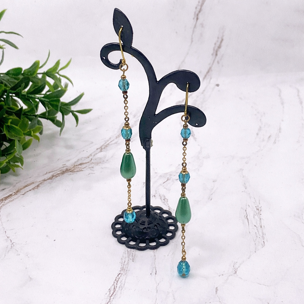 Handmade Duster Dangle Earrings -  Turquoise Crystal Faux Pearl Gold Tone Chain