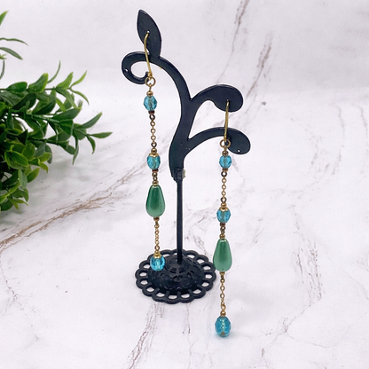 Handmade Duster Dangle Earrings -  Turquoise Crystal Faux Pearl Gold Tone Chain