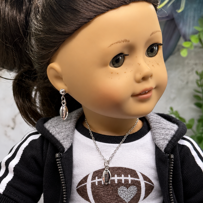 Silver Football Sports Charm Doll Necklace & 2mm Post Earrings | for 18 Inch Doll • American Girl
