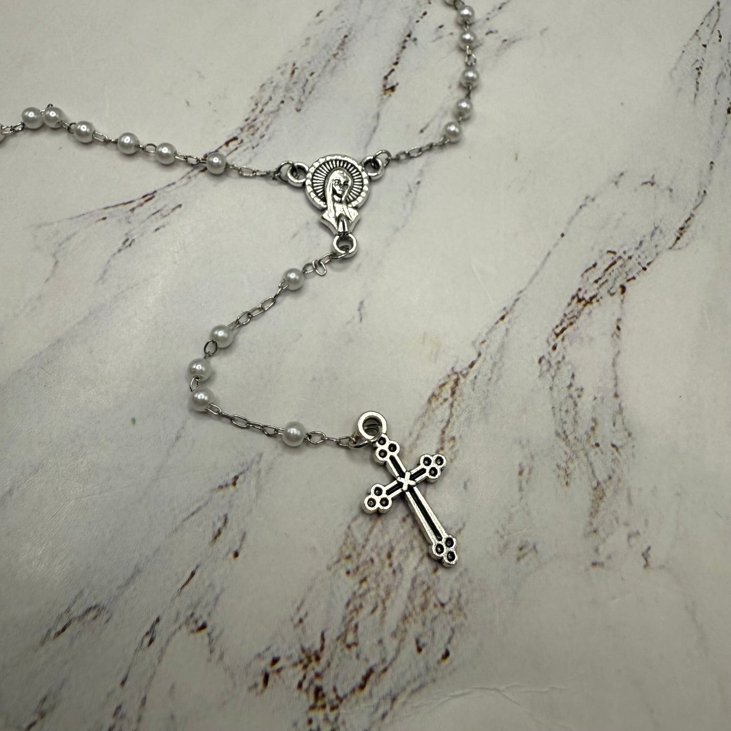 White Pearl Beaded Silver Chain & Cross • Doll Size Catholic Rosary for 18-22” Fashion or Vintage Dolls