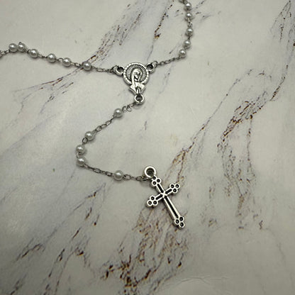 White Pearl Beaded Silver Chain & Cross • Doll Size Catholic Rosary for 18-22” Fashion or Vintage Dolls