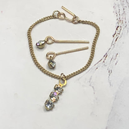 Clear Rhinestone Gold Chain Dangle Doll Necklace Earring Set • 16” Doll Jewelry
