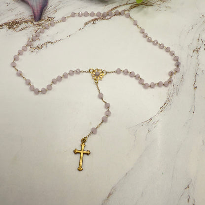 Light Pink Glass Crystal Gold Cross • Doll Size Catholic Rosary for 18-22” Fashion or Vintage Doll