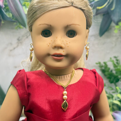 Gold Leaf & Pearl Dangle Doll Necklace & Earrings Set • 18 Inch Fashion Doll Jewelry