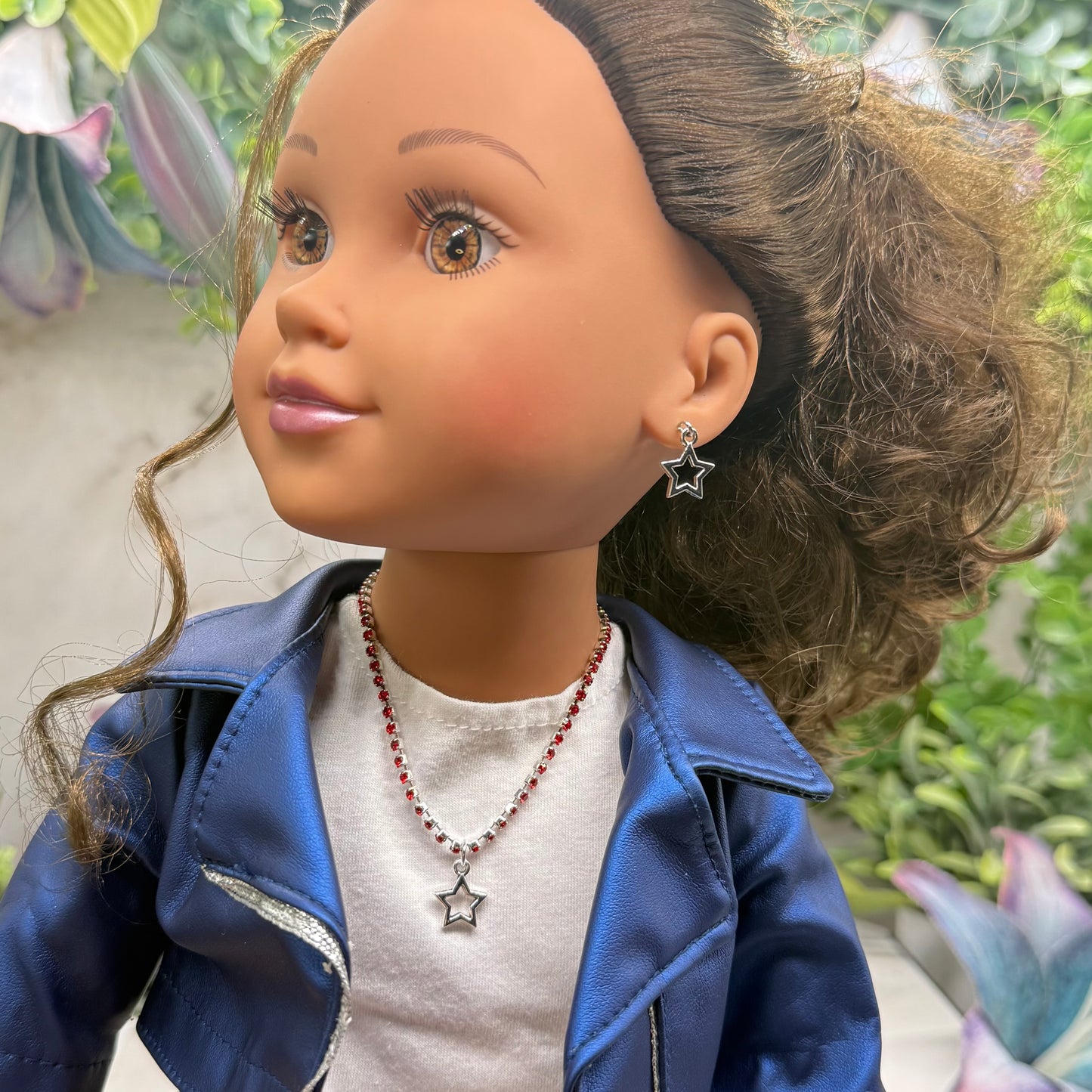 Red Rhinestone Silver Star Charm Doll Necklace & Earrings Set for 18 Inch Fashion Doll