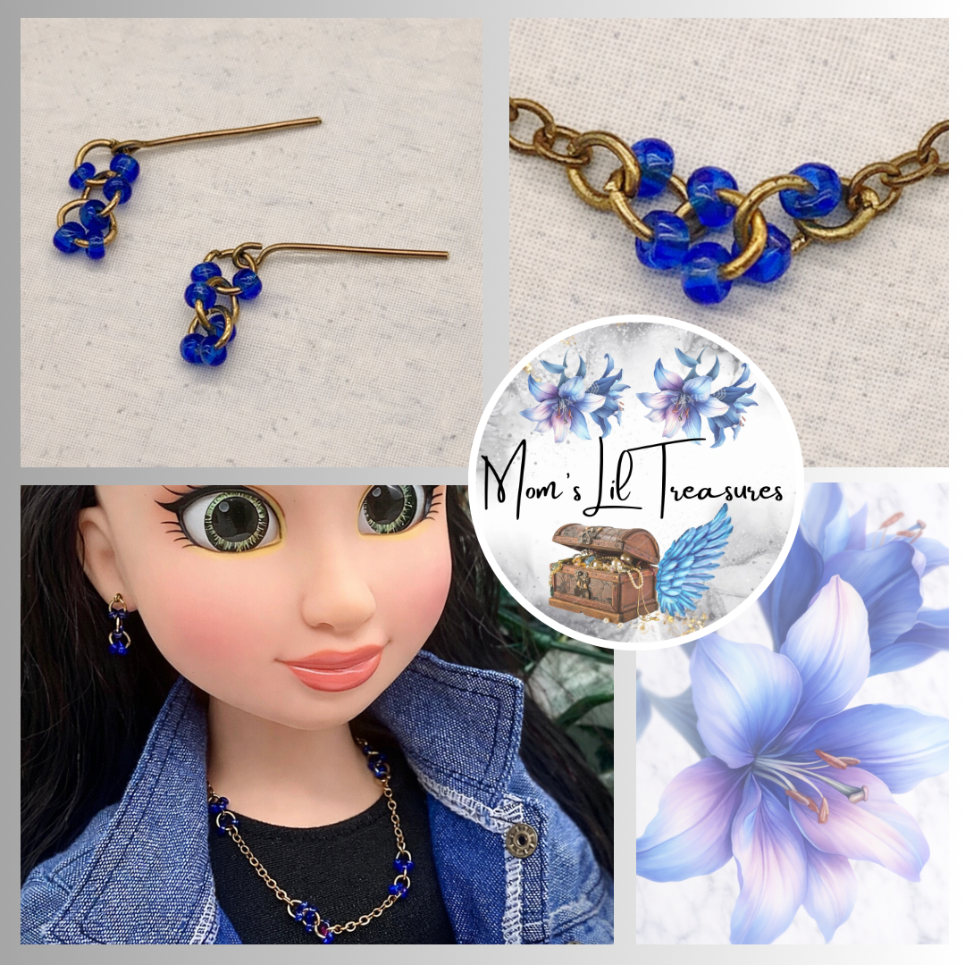 Gold Chain Blue Bead Accents Necklace Earring Set for 18 Inch Fashion Doll