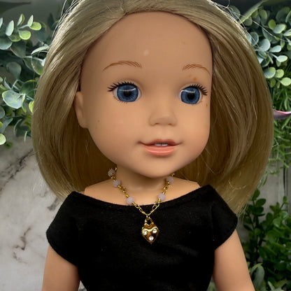 Light Pink Glass Bead Gold Heart Charm Doll Necklace • 14 Inch Fashion Doll Jewelry
