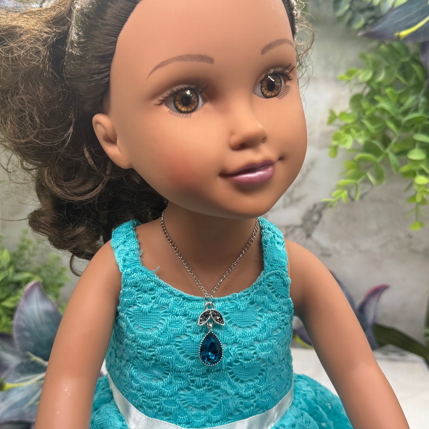 Dark Turquoise Teardrop Rhinestone Pendant Doll Necklace • 18 Inch Fashion Doll Jewelry