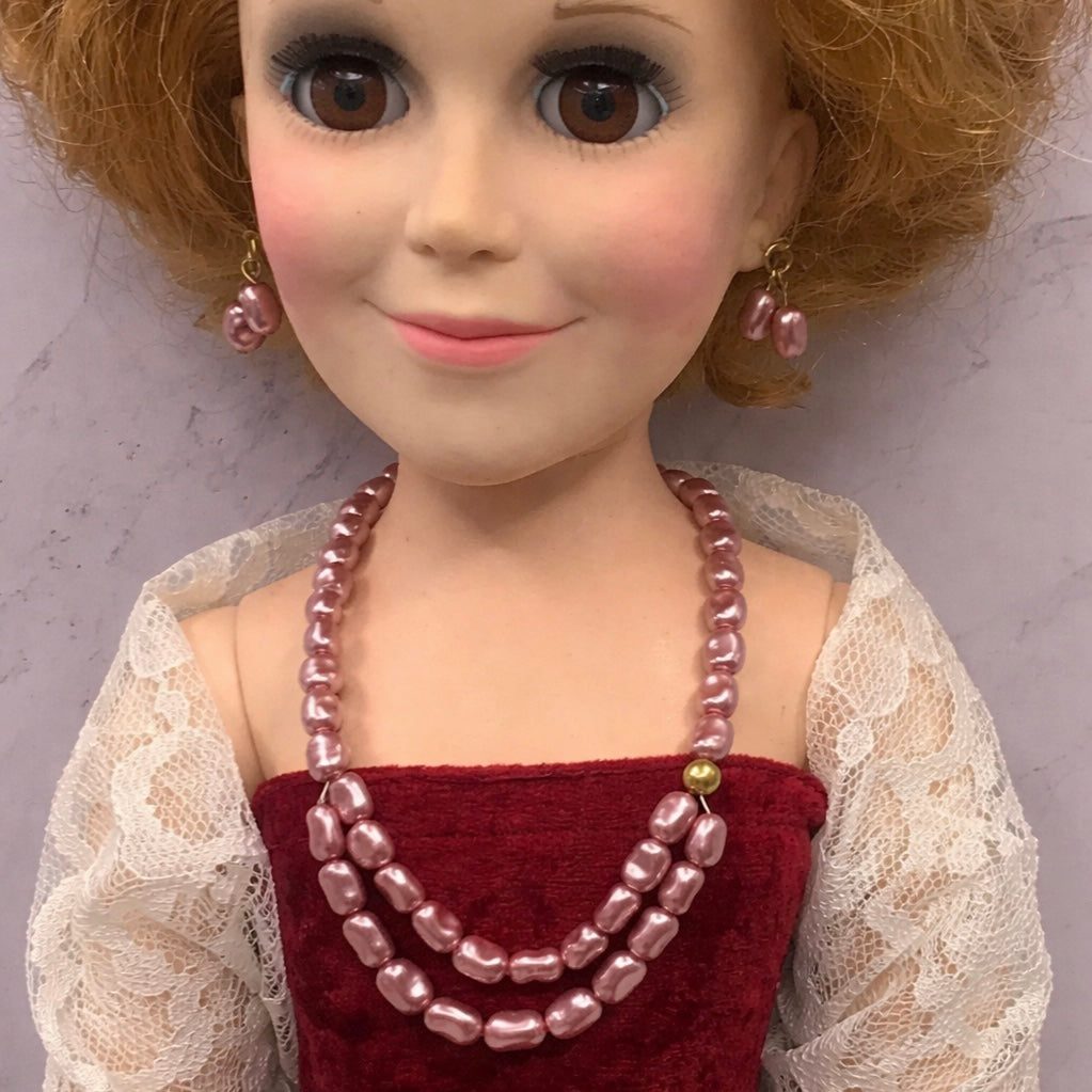 Light Purple Pearl Doll Necklace Earring Set • 18-22 Inch Vintage Doll Jewelry