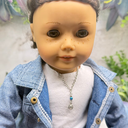 Silver Lady Bug Blue Pearl Charm Doll Necklace • 18 Inch Fashion Doll Jewelry