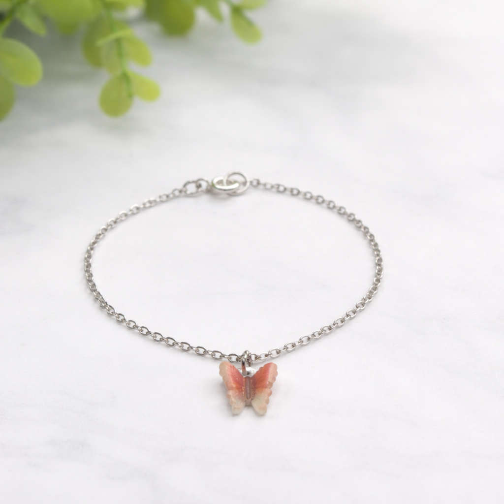 Coral Red Brown Gradient Butterfly Charm Silver Doll Necklace • 18 Inch Fashion Doll Jewelry