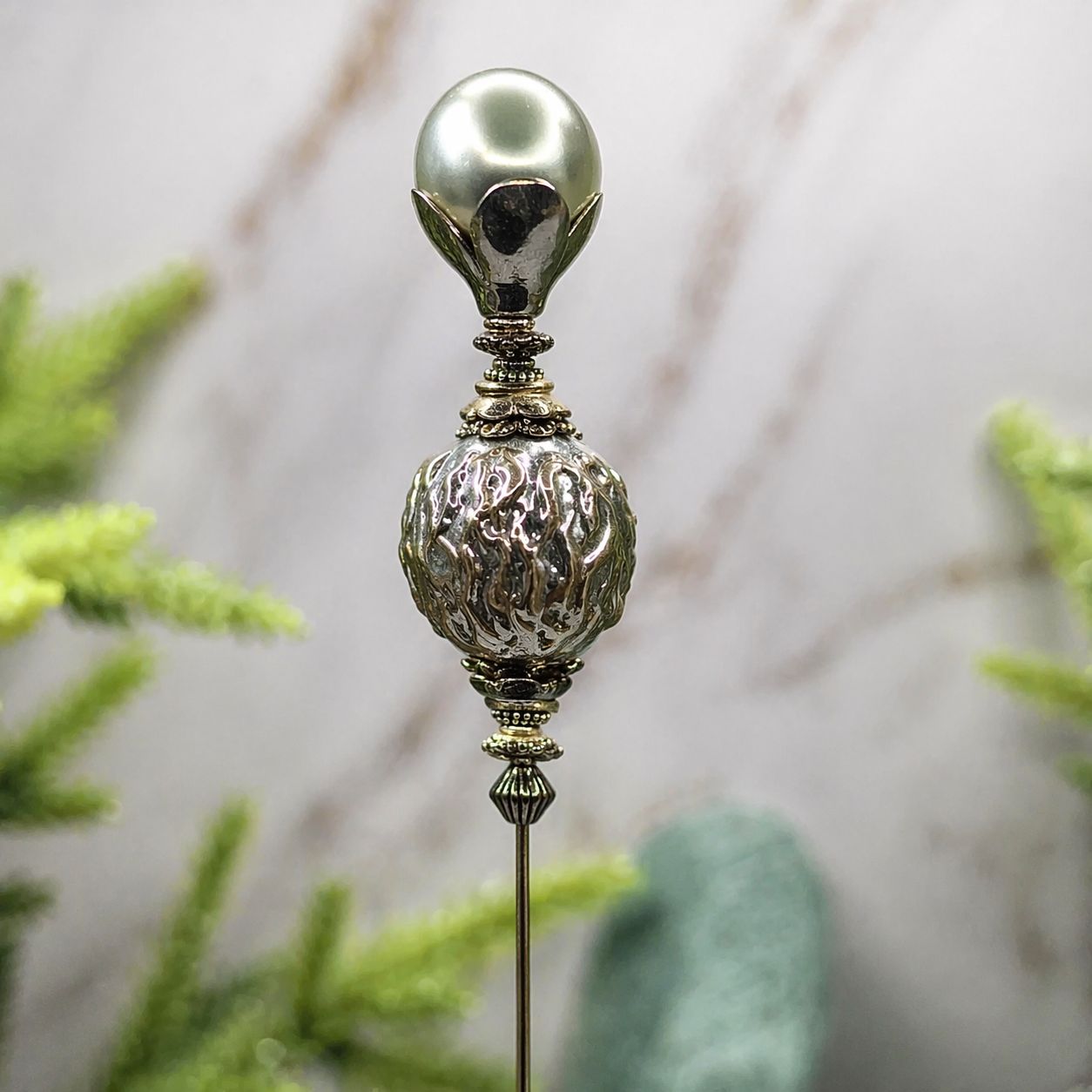 Gray Pearl Silver Gold Tone Filigree • 8.75” • Hatpin