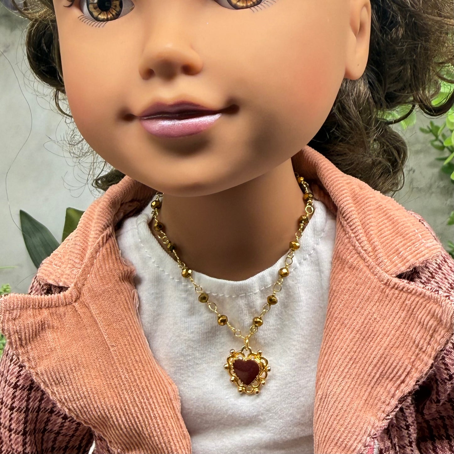 Gold Bronze Glass Crystal Beaded Maroon Red Heart Pendant Doll Necklace • 18 Inch Fashion Doll Jewelry