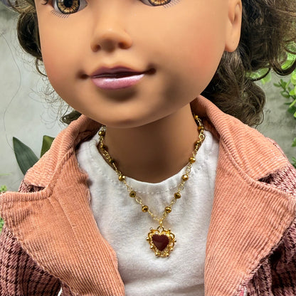 Gold Bronze Glass Crystal Beaded Maroon Red Heart Pendant Doll Necklace • 18 Inch Fashion Doll Jewelry