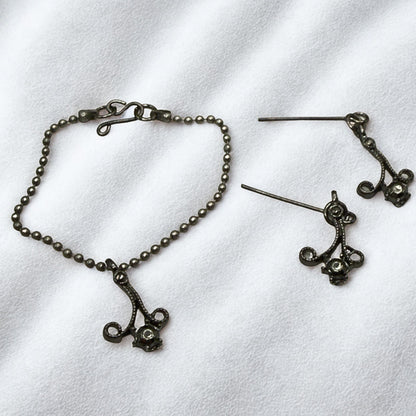 Black Dark Scroll Design Gray Metallic Rhinestone Ball Chain Doll Necklace & Earrings • 16 Inch Fashion Doll Jewelry