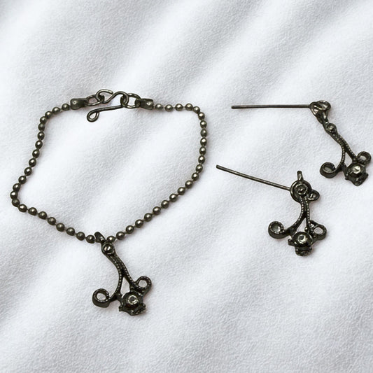 Black Dark Scroll Design Gray Metallic Rhinestone Ball Chain Doll Necklace & Earrings • 16 Inch Fashion Doll Jewelry
