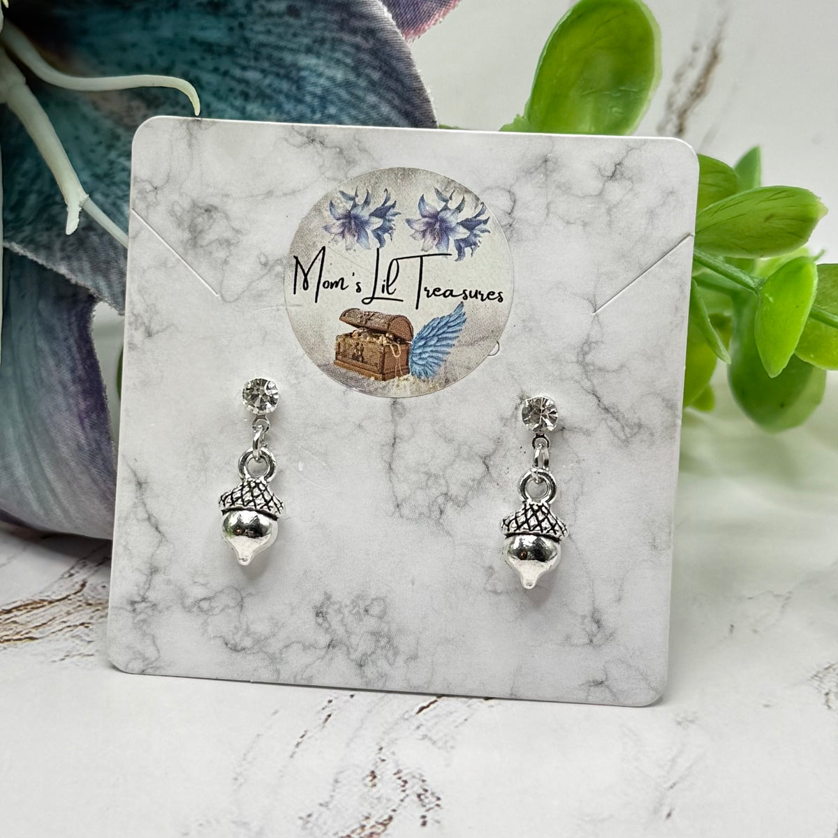 Silver Acorn Autumn Dangle Rhinestone Post Doll Earrings | for 18 Inch Fashion Dolls