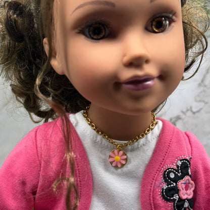 Pink Yellow Daisy Flower Pendant Gold Chain Doll Necklace • 18 Inch Fashion Doll Jewelry