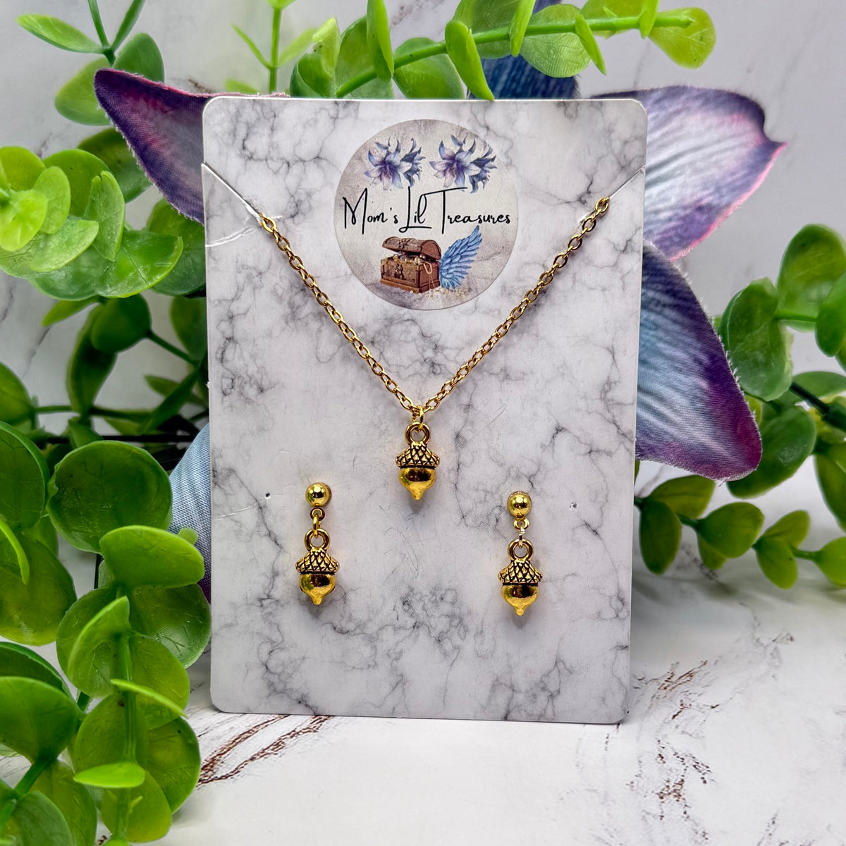 Gold Acorn Fall Charm Doll Necklace & 2mm Post Earrings | for 18 Inch Dolls • American Girl