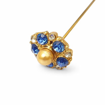 Blue & Clear Rhinestone Pearl Center Flower Design Gold Tone Stick Pin Hatpin