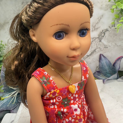 Orange Heart Charm Gold Chain Doll Necklace • 14 Inch Doll Jewelry