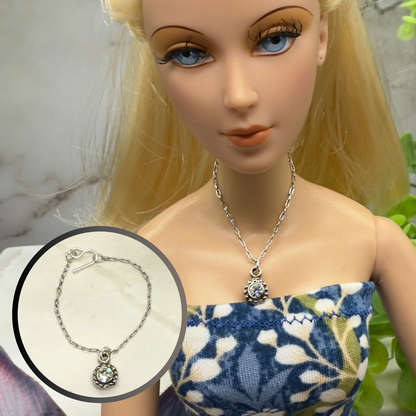 Round Clear Rhinestone Pendant Silver Chain Doll Necklace
