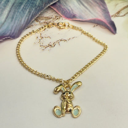 Floppy Ear Bunny Light Blue Enamel Detail Charm Gold Doll Necklace • 18 Inch Fashion Doll Jewelry
