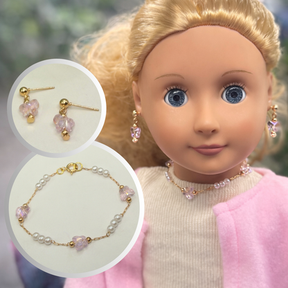 Light Pink Acrylic Crystal & Pearl Beaded Doll Necklace and Earrings Set • 18 Inch Fashion Doll Jewelry