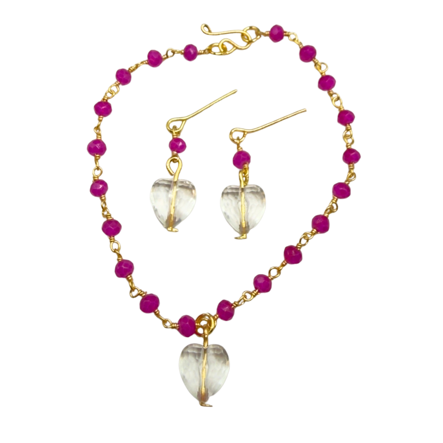 Fuchsia Pink Glass Crystal Bead Chain Clear Heart Charm Doll Necklace & Earrings • 18 Inch Fashion Doll Jewelry