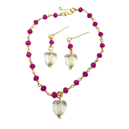 Fuchsia Pink Glass Crystal Bead Chain Clear Heart Charm Doll Necklace & Earrings • 18 Inch Fashion Doll Jewelry