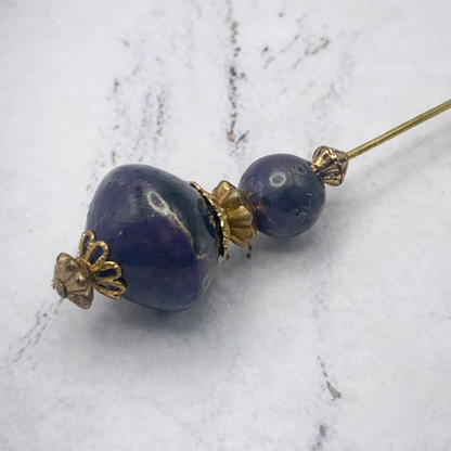 Dusky Purple Speckled Acrylic - Gold Tone Filigree - 6” Pin • Hatpin - Stick Pin