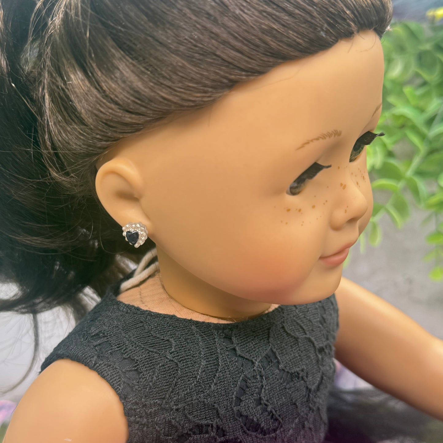 Sparkly Ruffled Black Center Heart Post Doll Earrings • 2mm Post for 18 Inch Fashion Doll