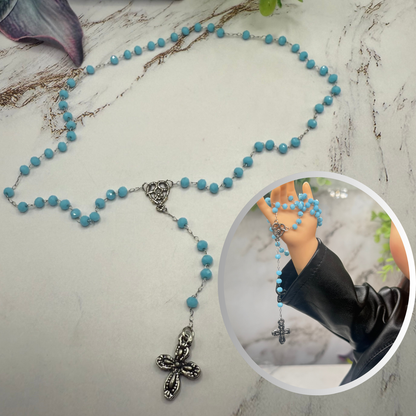 Turquoise Blue Glass Crystal Beaded Silver Chain & Cross • Doll Size Catholic Rosary for 18-22” Fashion or Vintage Dolls
