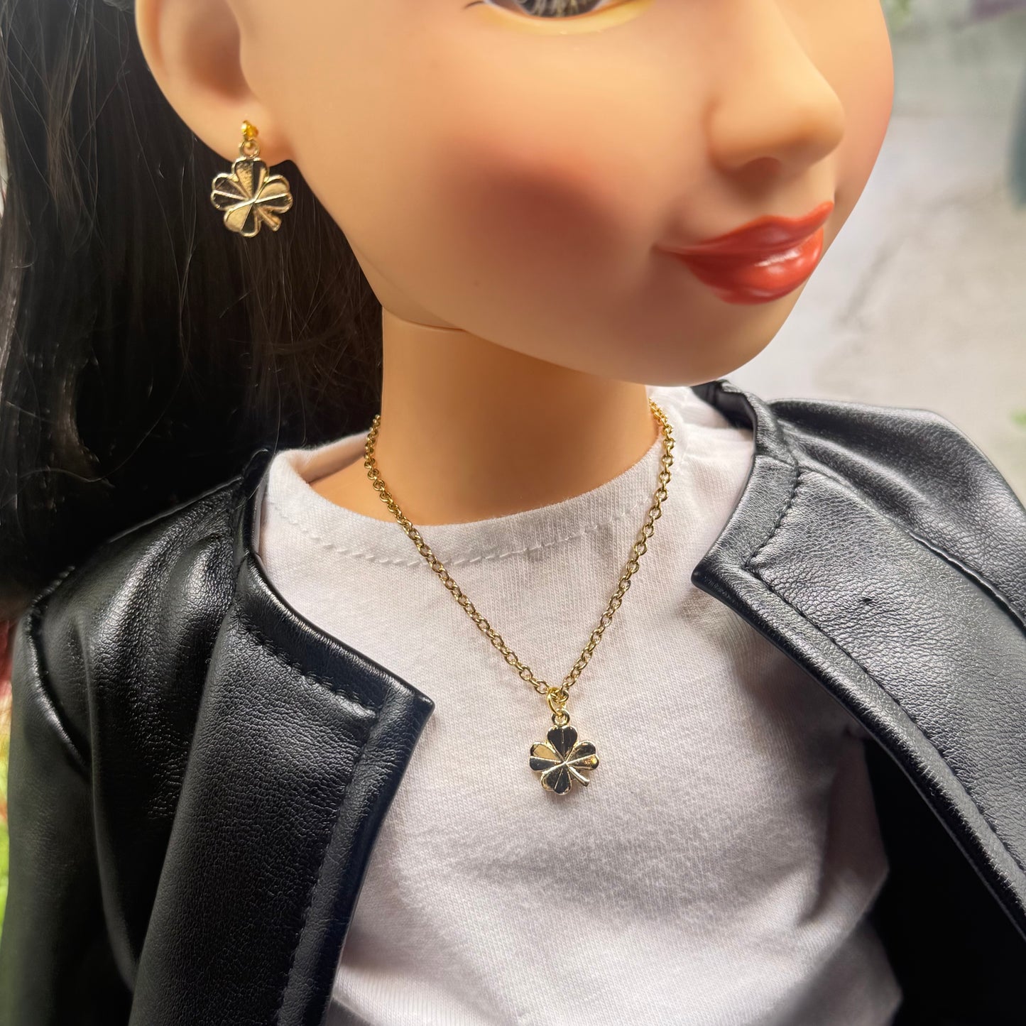 Gold Clover Charm Doll Necklace & Earrings • 18 Inch Fashion Doll Jewelry